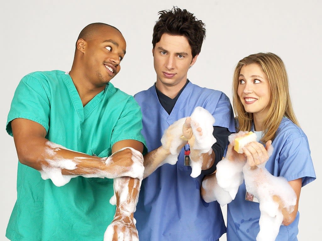 ‘I was doing some of the craziest s*** I’ve ever done in my career’: Donald Faison, Zach Braff and Sarah Chalke in ‘Scrubs’  (NBC-TV/Kobal/Shutterstock)