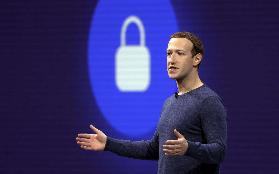 FILE - In this May 1, 2018, file photo, Facebook CEO Mark Zuckerberg delivers the keynote speech at F8, Facebook's developer conference in San Jose, Calif. Zuckerberg said Facebook will start to emphasize new privacy-shielding messaging services, a shift apparently intended to blunt both criticism of the company's data handling and potential antitrust action. (AP Photo/Marcio Jose Sanchez, File)