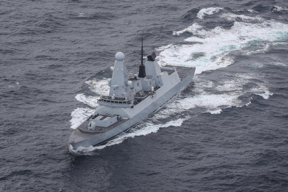 In this photo provided by the Ministry of Defence on Saturday, Dec. 16, 2023, a view of the HMS Diamond off the coast of Scotland, Oct. 4, 2020. A Royal Navy warship has shot down a suspected attack drone targeting commercial ships in the Red Sea, Britain’s defense secretary said Saturday, Dec. 16, 2023. Grant Shapps said that HMS Diamond fired a Sea Viper missile and destroyed a drone that was “targeting merchant shipping.” (LPhot Belinda Alker/Ministry of Defence via AP)