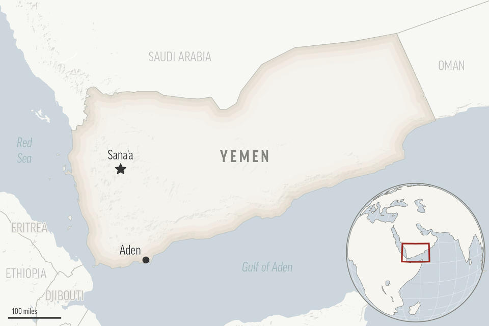 This is a locator map for Yemen with its capital, Sanaa. The United States and Britain struck 36 Houthi targets in Yemen on Saturday, Feb. 3, 2024, in a second wave of assaults meant to further disable Iran-backed groups that have relentlessly attacked American and international interests in the wake of the Israel-Hamas war. (AP Photo)