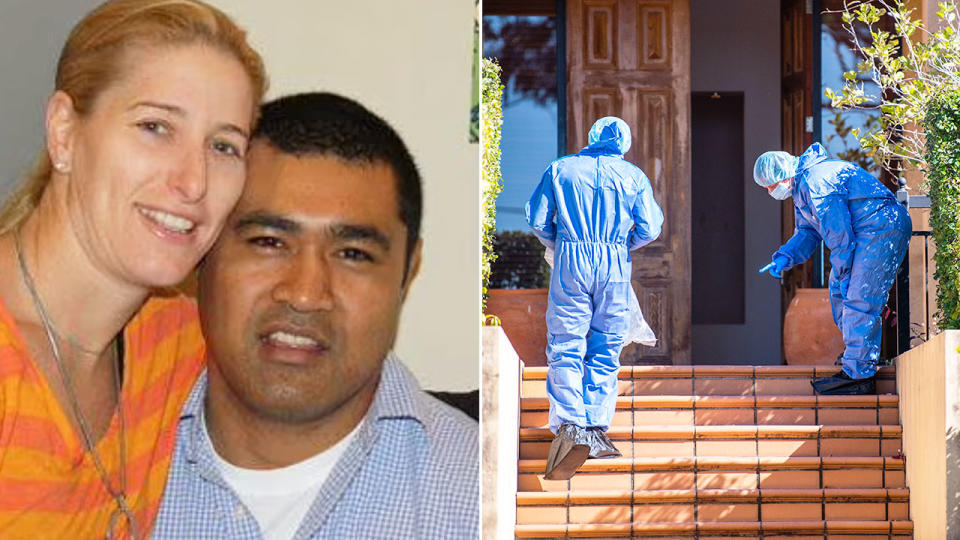 Seen here, Toutai Kefu with his wife Rachel and forensic officers examining the crime scene at their home.