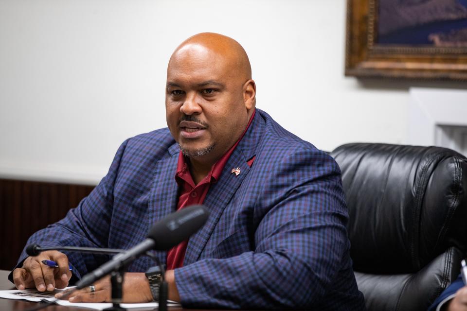 Sen. Corey Simon leads a legislative delegation meeting at the Taylor County Administrative Complex on Monday, Oct. 23, 2023.