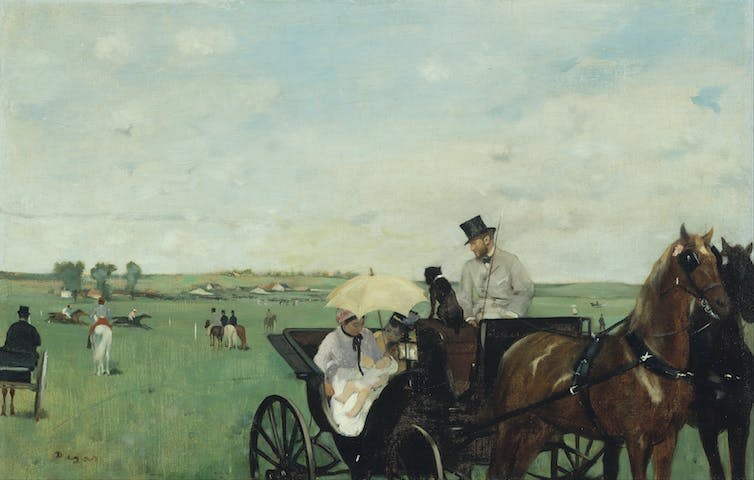 A painting of a woman breastfeeding in a carriage.