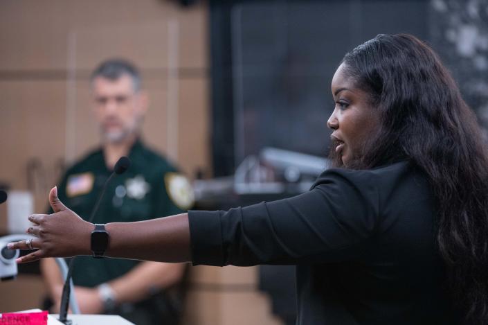 Assistant State Attorney Francine Edwards is seen while cross-examining Wellington resident Robert Finney during Finney's trial at the Palm Beach County Courthouse on Monday, November 21, 2022, in downtown West Palm Beach, FL. Finney is on trial for first-degree murder in a 2018 West Palm Beach homicide. He tried unsuccessfully to have the charge dismissed under Florida's &quot;stand your ground&quot; law.