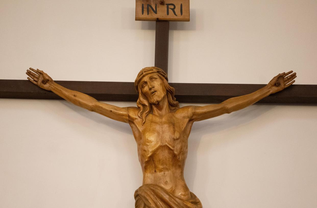 A crucifix is seen at St. Barbara Catholic Church in Massillon.