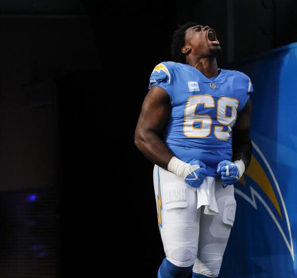 Chargers defensive tackle Sebastian Joseph-Day (69) takes the field during pregame introductions.