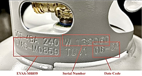 Location of model number of recalled EVAS 20 lb. propane exchange cylinder (Photo courtesy U.S. Consumer Product Safety Commission)