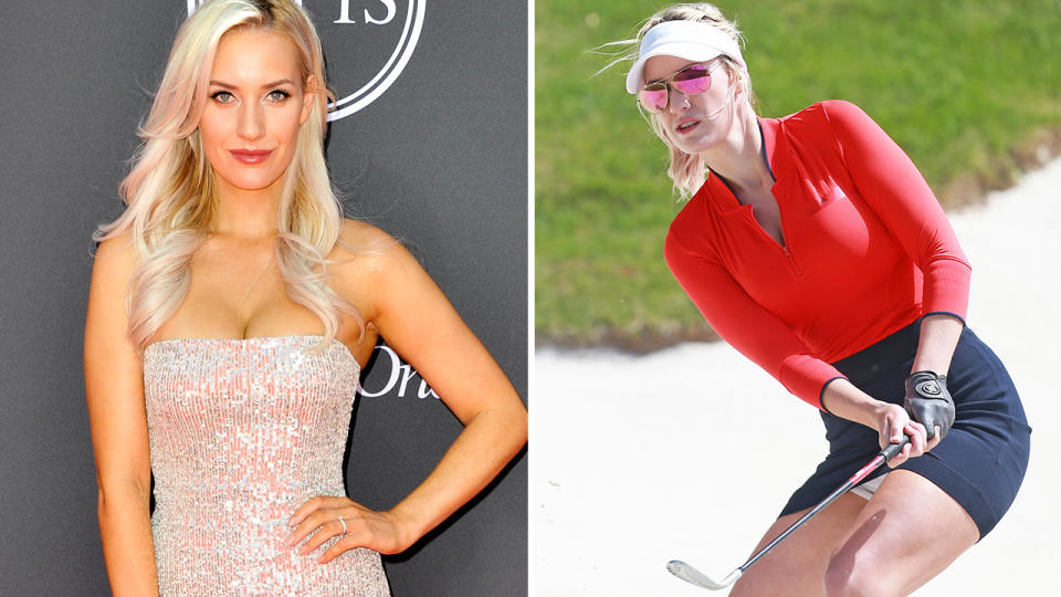 Paige Spiranac, pictured here at the 2019 ESPY Awards, and on the golf course.