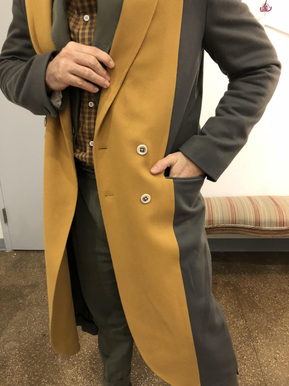 A close-up of the Carlos Campos coat Edgar Ramirez wore to the Build Studio in NYC on Jan. 16, 2018. (Photo: Julie Tong)