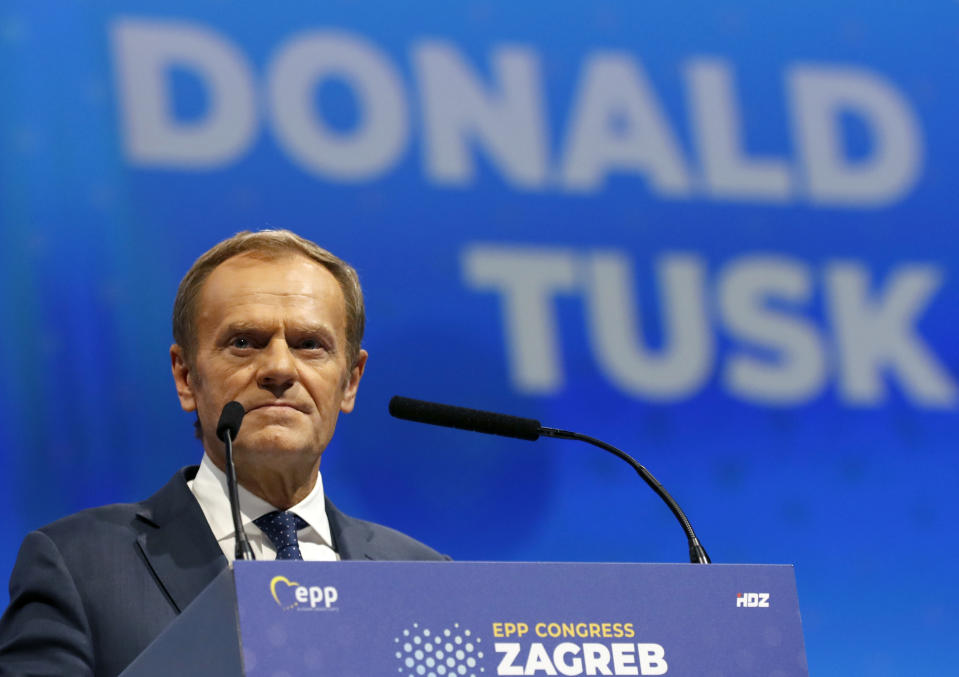 President of the European Council Donald Tusk speaks during the European Peoples Party (EPP) congress in Zagreb, Croatia, Wednesday, Nov. 20, 2019. Tusk was in Zagreb, the Croatian capital, for a meeting of the European People's Party, the main center-right bloc in the European Parliament.(AP Photo/Darko Vojinovic)