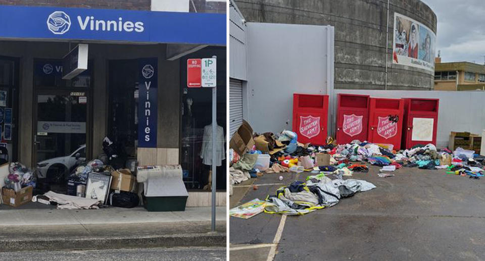 Vinnies store with various items dumped outside (left) Red Salvation Army clothing bins with piles of items scattered on the ground (right)