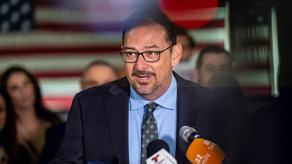 PHOTO: Adrian Fontes, newly elected Arizona Secretary of State, gives a victory speech in Phoenix, Ariz., Nov. 14, 2022. (Jon Cherry/Getty Images, FILE)