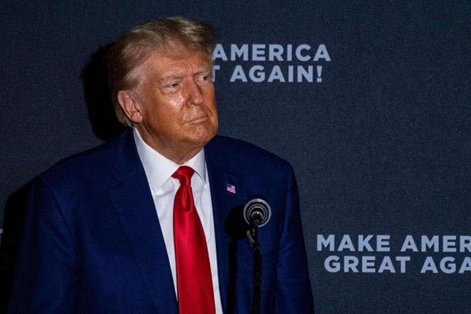 Former US President and 2024 presidential hopeful Donald Trump speaks during a campaign rally at Windham High School in Windham, New Hampshire (AFP via Getty Images)