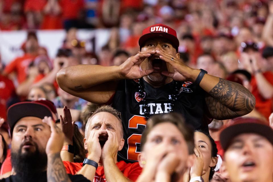 University of Utah fans yell during a Florida third down during the season opener at Rice-Eccles Stadium in Salt Lake City on Thursday, Aug. 31, 2023. | Megan Nielsen, Deseret News