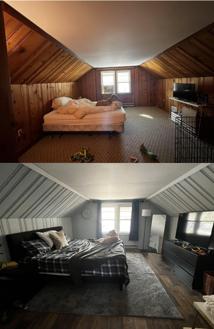 A before-and-after photo of a renovated attic bedroom: the top image shows a cluttered space with a low bed, while the bottom image features a modern, tidy room with a stylish bed and decor