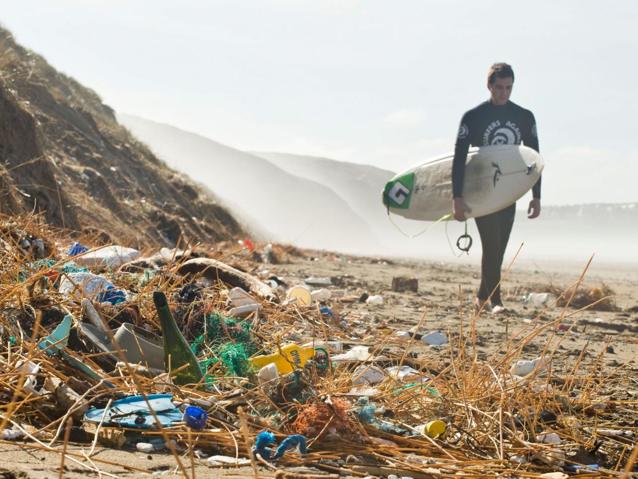 Plastic rubbish strewn along Perranporth beach in Cornwall: Surfers Against Sewage