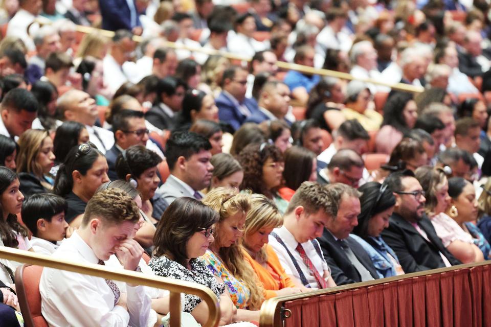 Attendees listen to the prayer during the 193rd Semiannual General Conference of The Church of Jesus Christ of Latter-day Saints at the Conference Center in Salt Lake City on Saturday, Sept. 30, 2023. | Jeffrey D. Allred, Deseret News