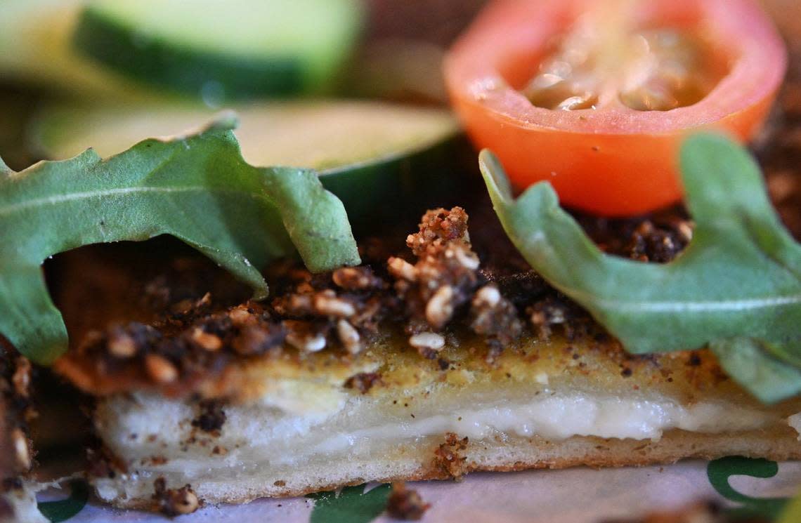 The cheese-filled bottom layer of Lebanese Spirit can be seen at Zaatar Bistro.