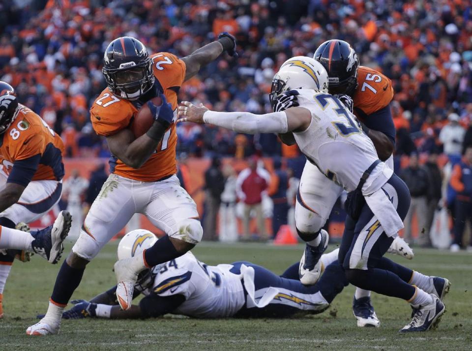 Denver Broncos running back Knowshon Moreno (27) sidesteps San Diego Chargers free safety Eric Weddle (32) in the second quarter of an NFL AFC division playoff football game, Sunday, Jan. 12, 2014, in Denver. (AP Photo/Charlie Riedel)