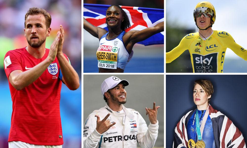 Clockwise from left: Harry Kane is the bookies’ favourite but Dina Asher-Smith, Geraint Thomas, Lizzy Yarnold and Lewis Hamilton have all had golden years.