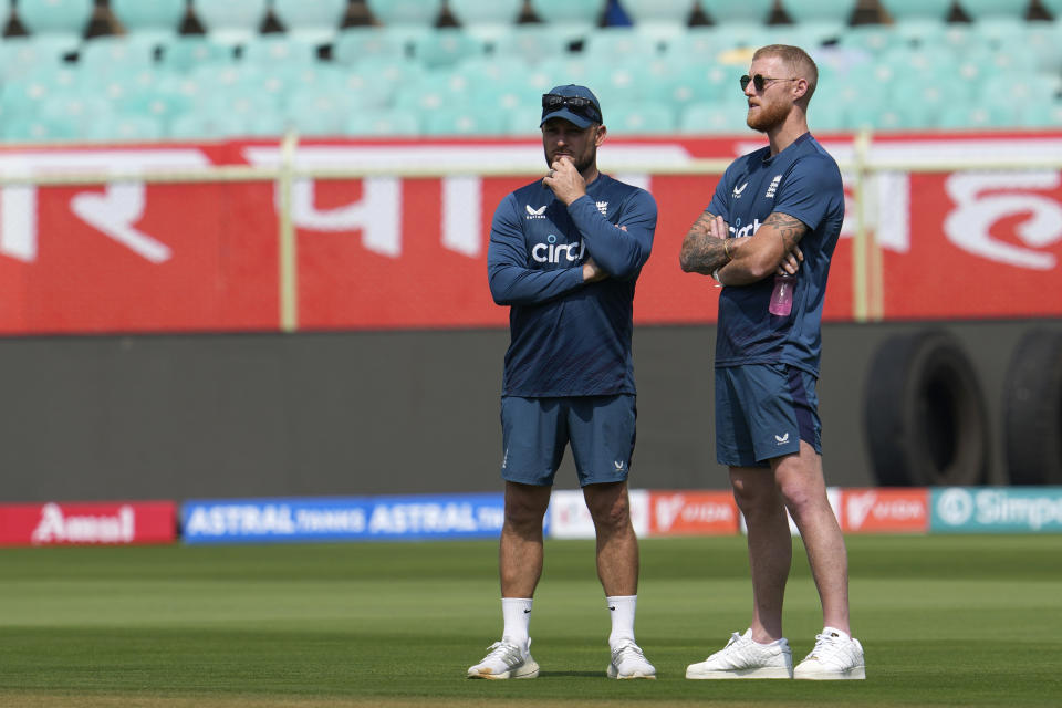 England's captain Ben Stokes, right, talks to team coach Brendon McCullum during a practice session a day ahead their second test match against India, in Visakhapatnam, India, Thursday, Feb. 1, 2024. (AP Photo/Manish Swarup)