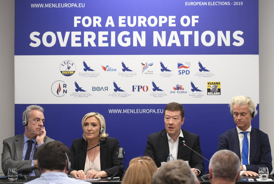 From left to right: Gerolf Annemans, chairman of the Europe of Nations and Freedom (ENF) EP group, leader of French National Front Marine Le Pen, Czech far-right Freedom and Direct Democracy (SPD) head Tomio Okamura and leader of Dutch Party for Freedom Geert Wilders attend a press conference before the rally against "dictate of European Union" staged by SPD in Prague, Czech Republic, Thursday, April 25, 2019. (Ondrej Deml/CTK via AP)