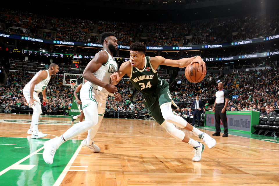 BOSTON, MA - MAY 3: Giannis Antetokounmpo #34 of the Milwaukee Bucks drives to the basket against the Boston Celtics  during Game Three of the Eastern Conference Semi Finals of the 2019 NBA Playoffs on May 3, 2019 at the TD Garden in Boston, Massachusetts.  NOTE TO USER: User expressly acknowledges and agrees that, by downloading and or using this photograph, User is consenting to the terms and conditions of the Getty Images License Agreement. Mandatory Copyright Notice: Copyright 2019 NBAE  (Photo by Nathaniel S. Butler/NBAE via Getty Images)