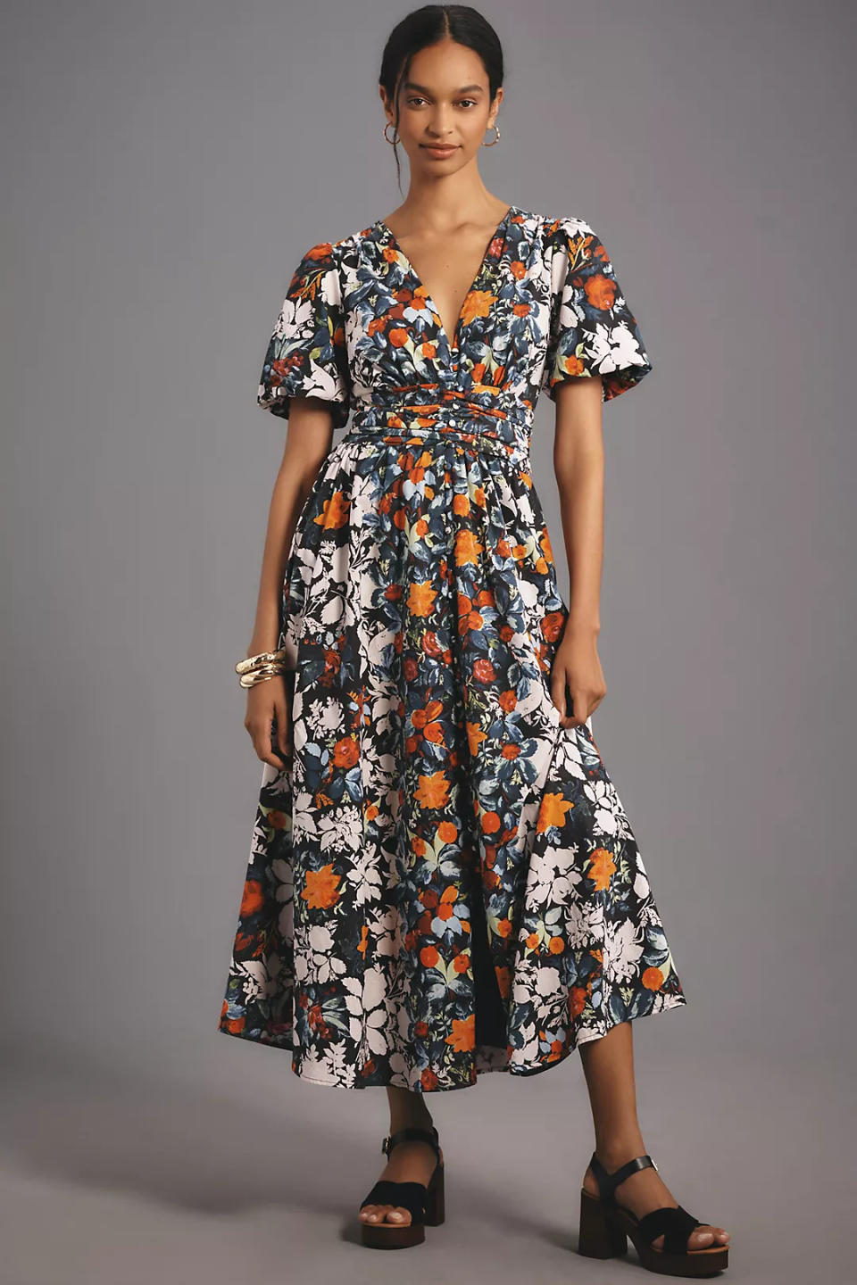 someone wearing The Katerina Button-Front Dress from Anthropologie 