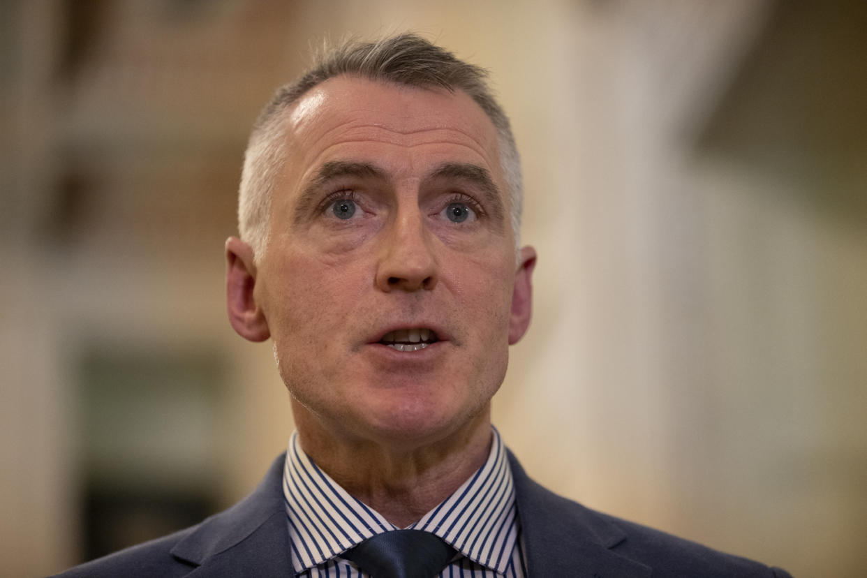 Sinn Fein National Chairperson Declan Kearney MLA gives reaction after an meeting with Secretary of State for Northern Ireland Brandon Lewis on Troubles legacy during a press conference in the Great Hall of Parliament Buildings at Stormont (Liam McBurney/PA)