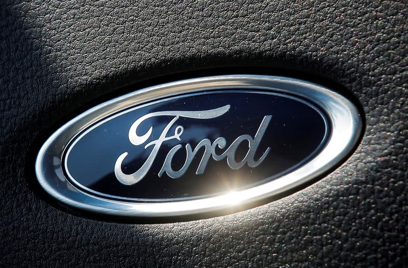 FILE PHOTO: The Ford name plate is seen on the interior of the Ford F-150 Lightning pickup truck during a press event in New York