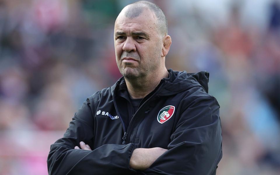 Michael Cheika, the Leicester Tigers head coach looks on during the Gallagher Premiership Rugby match between Leicester Tigers and Bath Rugby at Mattioli Woods Welford Road Stadium on September 29, 2024 in Leicester, England.