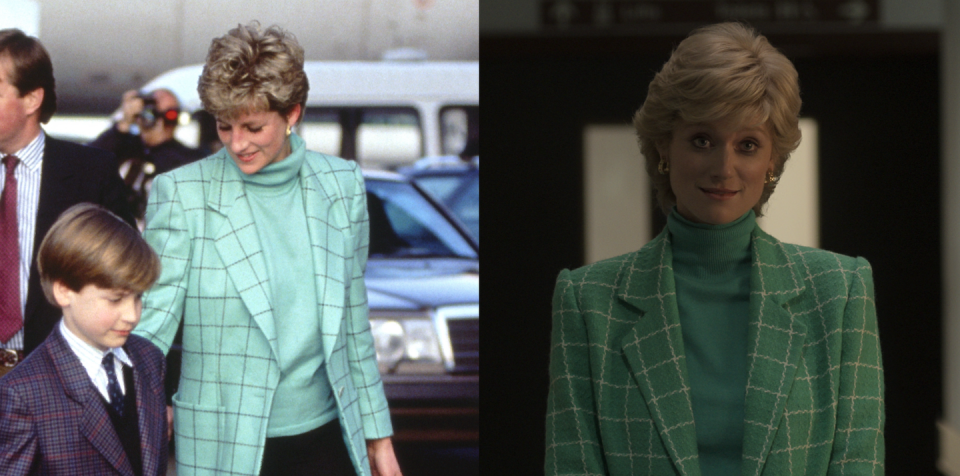 <p>We also see her visit Hasnat in a green checked blazer and matching turtleneck, which Diana wore IRL while vacationing with Prince William in 1993.</p>