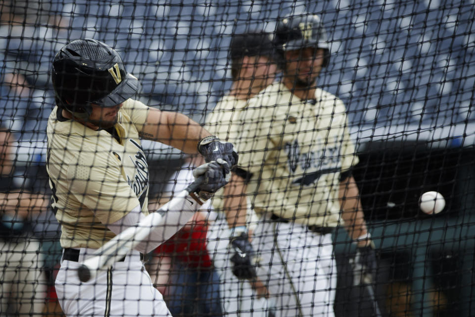 Vanderbilt's Dominic Keegan takes batting practice for baseball's College World Series at TD Ameritrade Park, Friday, June 14, 2019, in Omaha, Neb. (Ryan Soderlin/Omaha World-Herald via AP)