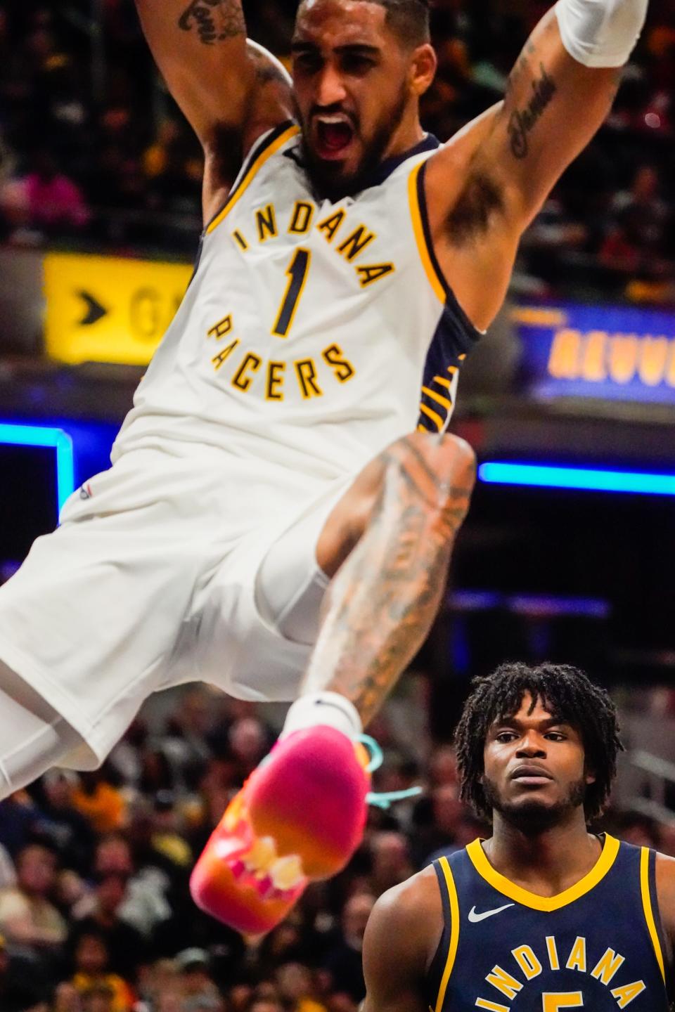 The Indiana Pacers Jarace Walker (5) watches a big dunk from Obi Toppin during an intra-squad game the Pacers FanJam on Saturday, Oct. 14, 2023, at Gainbridge Fieldhouse in Indianapolis.