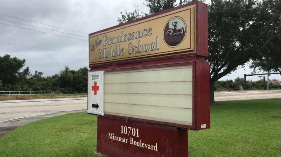 MIRAMAR, FL- September 09: Red Cross sign outside New Renaissance Middle School.