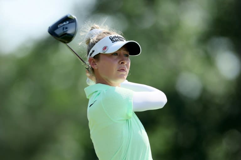 Nelly Korda of the United States plays her shot from the second tee during the first round of The Chevron Championship at The Club at Carlton Woods on Thursday. (ANDY LYONS)