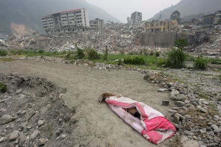 A covered body lies in front of the ruins of a destroyed old city district, near a mountain at the earthquake-hit Beichuan county, Sichuan province, China, May 16, 2008. REUTERS/Jason Lee/File Photo