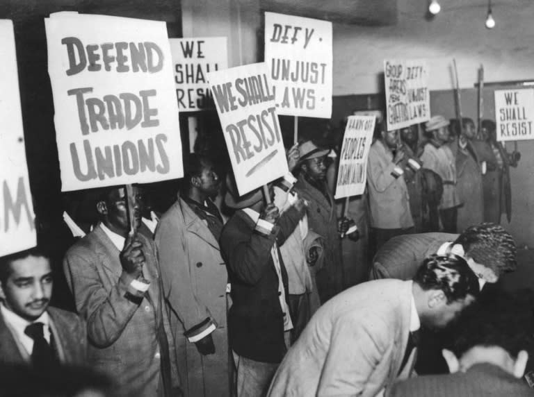 Supporters of South Africa's African National Congress (ANC) gather in Johannesburg to protest the apartheid regime of racial segregation on August 12, 1952