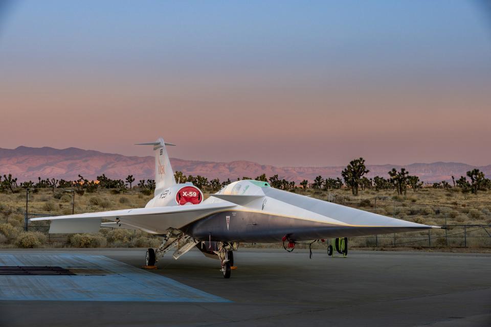 The experimental quiet supersonic aircraft X-59 is seen parked on tarmac