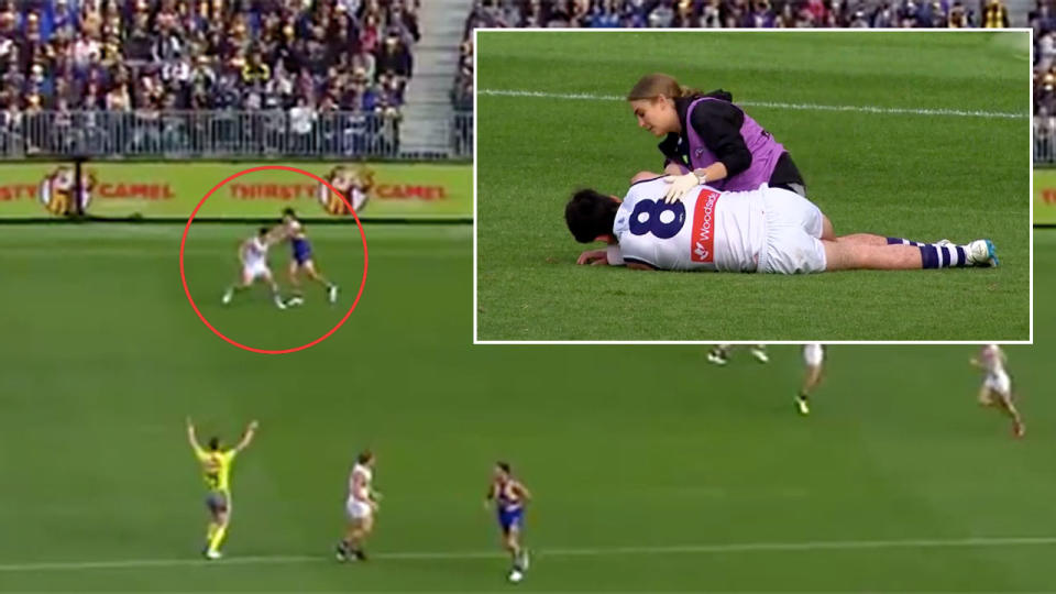 West Coast’s Andrew Gaff left Fremantle’s Andrew Brayshaw bloodied in this off-the-ball incident. Pic: Fox Footy