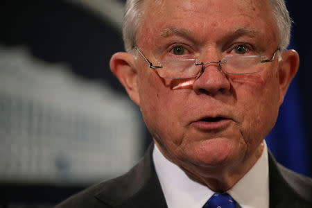 U.S. Attorney General Jeff Sessions addresses a news conference to announce a nation-wide health care fraud and opioid enforcement action, at the Justice Department in Washington, U.S. June 28, 2018. REUTERS/Jonathan Ernst