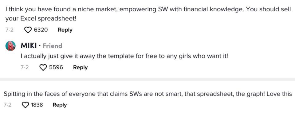 miki telling a commenter that she gives her spreadsheet template to any girls who want it and another commenter saying this proves sex workers are smart