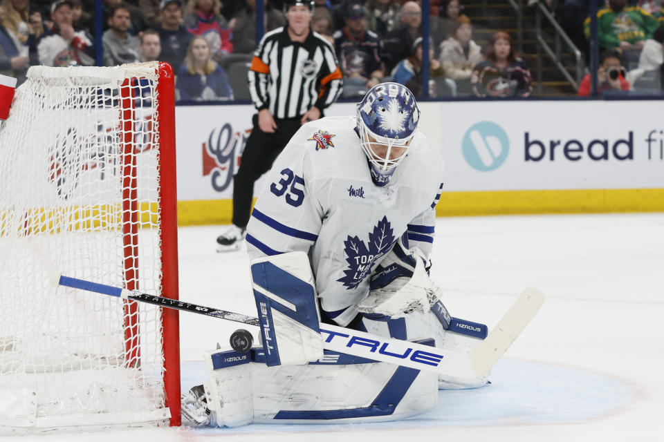 Toronto Maple Leafs' Ilya Samsonov makes a save against the Columbus Blue Jackets during the second period of an NHL hockey game Friday, Dec. 29, 2023, in Columbus, Ohio. (AP Photo/Jay LaPrete)