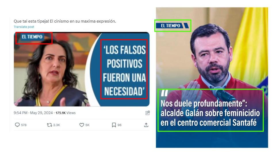 <span>Comparación entre capturas de pantalla de una publicación en X (I) y una publicación en el Instagram de El Tiempo hecha el 31 de mayo de 2024</span>