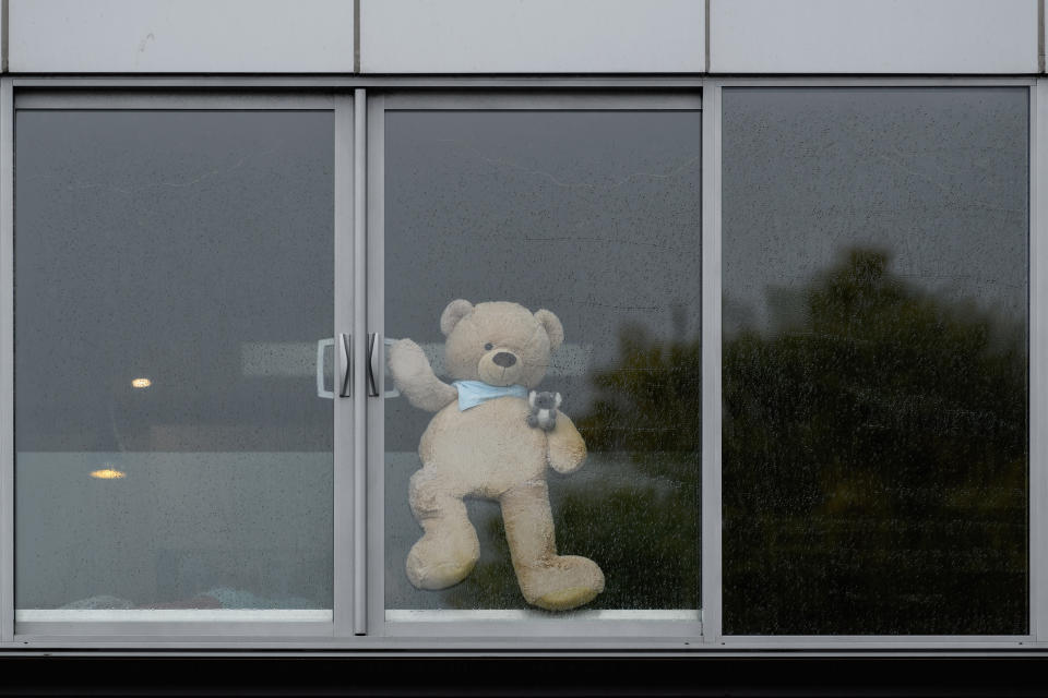 A teddy bear is seen in a window on March 29, 2020 in Lyttelton, New Zealand. (Photo by Kai Schwoerer/Getty Images)