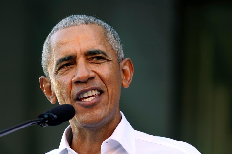 Former President Barack Obama speaks during a rally along with Democratic gubernatorial candidate, former Virginia Gov. Terry McAuliffe in Richmond, Va., Saturday, Oct. 23, 2021. McAuliffe will face Republican Glenn Youngkin in the November election. (AP Photo/Steve Helber) ORG XMIT: VASH115