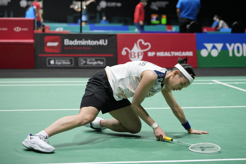 Taiwan's Tai Tzu-ying plays with India's Pusarla V. Sindhu during their women's single quarter- final match at Malaysia Open badminton tournament at Bukit Jalil Axiata Arena in Kuala Lumpur, Malaysia, Friday, July 1, 2022. (AP Photo/Vincent Thian)