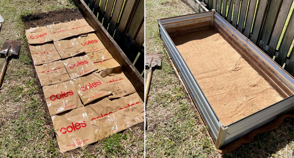 Coles paper shopping bags used in backyard garden. 