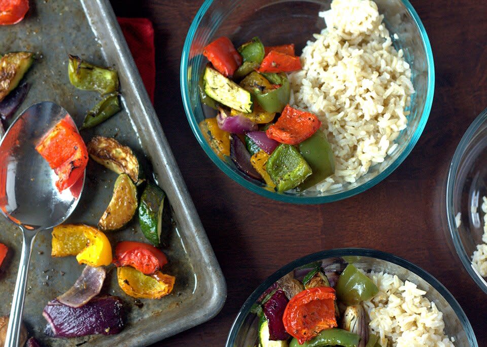 rice and roasted vegetable bowls