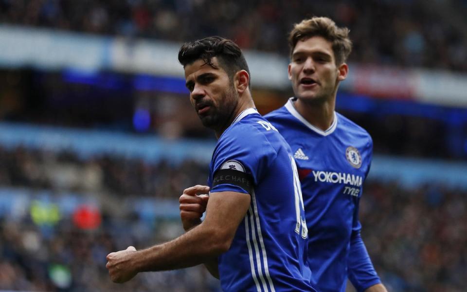 Britain Football Soccer - Manchester City v Chelsea - Premier League - Etihad Stadium - 3/12/16 Chelsea's Diego Costa celebrates scoring their first goal Action Images via Reuters / Jason Cairnduff Livepic EDITORIAL USE ONLY. No use with unauthorized audio, video, data, fixture lists, club/league logos or "live" services. Online in-match use limited to 45 images, no video emulation. No use in betting, games or single club/league/player publications. Please contact your account representative for further details.